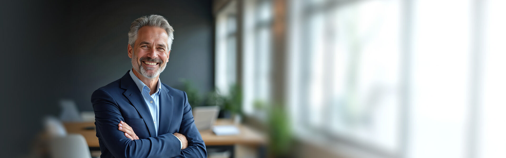 Lächelnder Geschäftsmann steht mit verschränkten Armen in seinem Büro und bereitet sich auf das Coaching für Selbstständige vor.